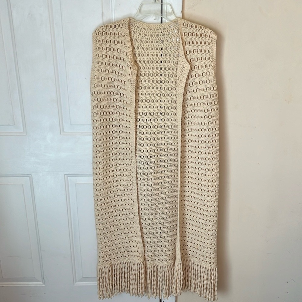 Handmade Crouched Open Cardigan Fringe Trim Sleeves Size L